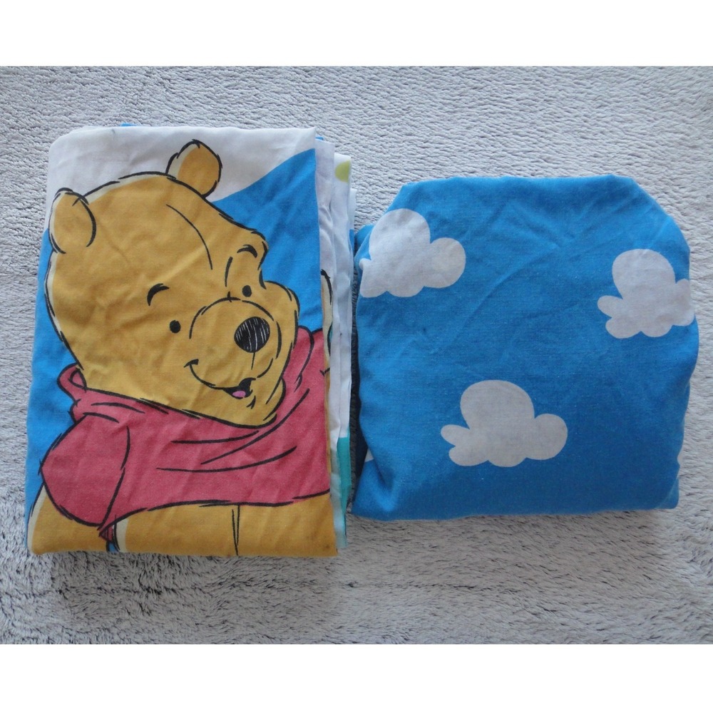 Vintage Disney Winnie the Pooh Piglet Twin Bed Sheet Set Blue Cloud Flat Fitted